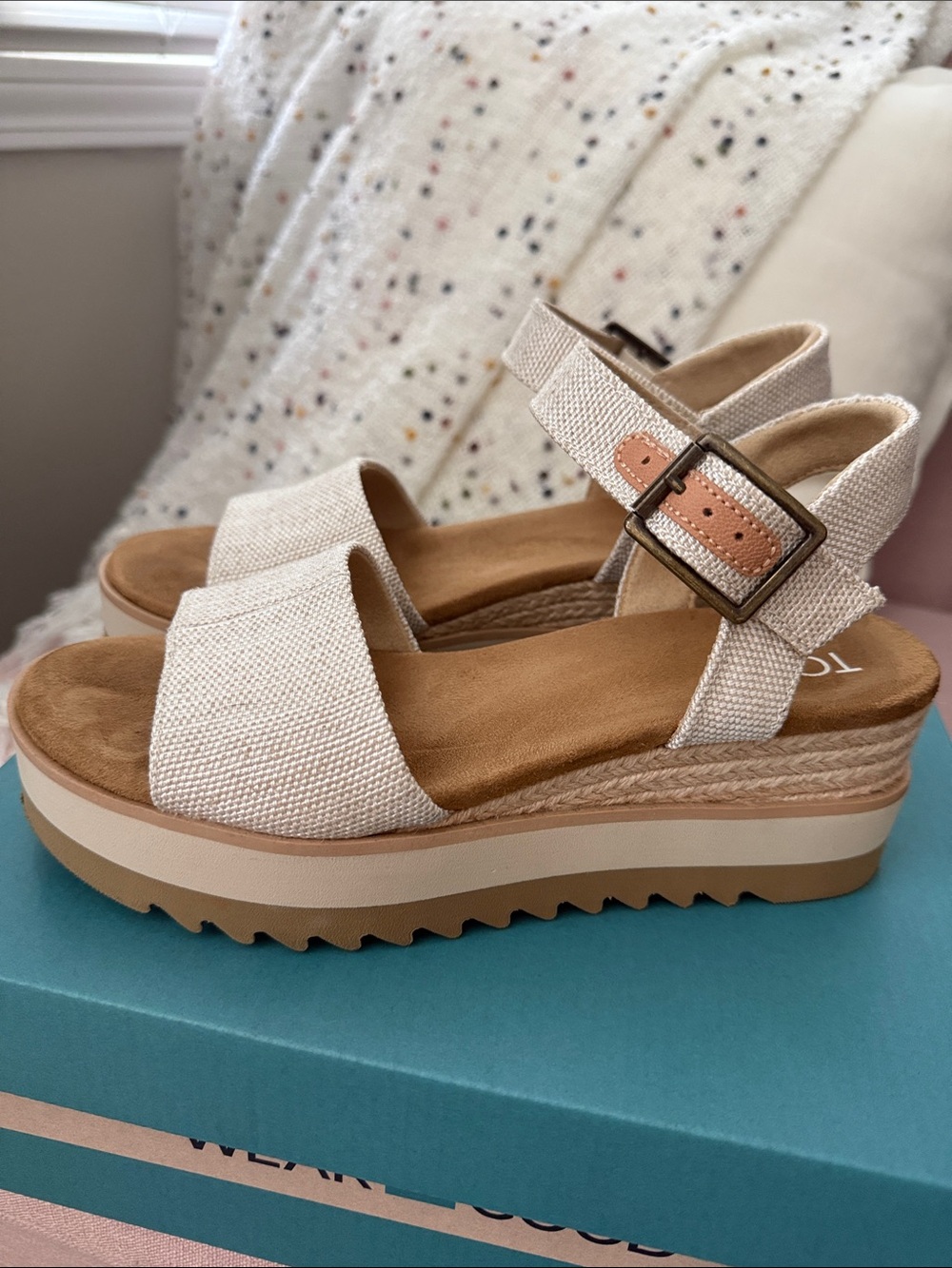 TOMS Natural Canvas Wedge Sandals - Picture 4 of 7